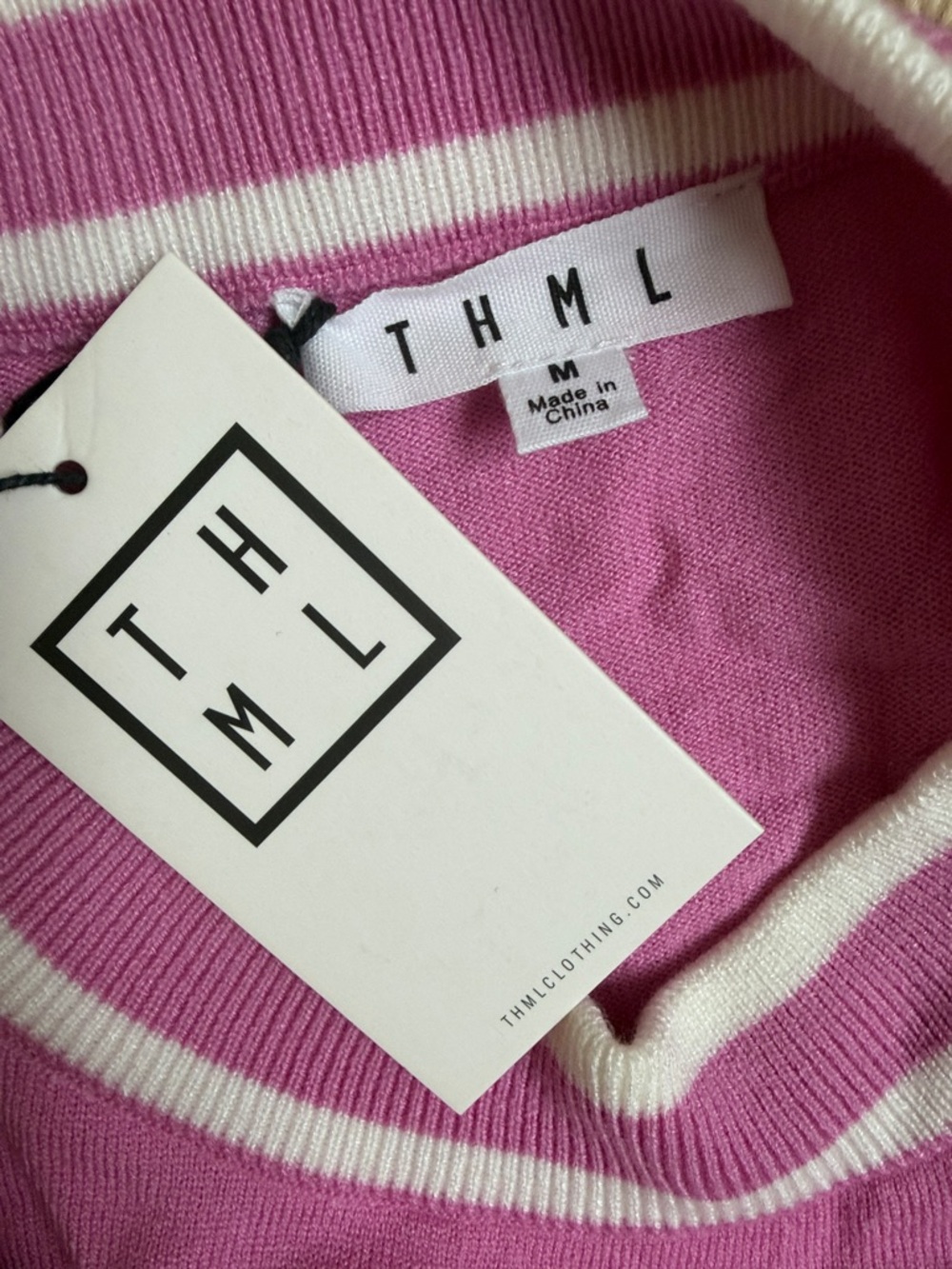 THML Pink Flutter Sleeve Sweater Top Striped Trim Knit Blouse Size M - Picture 2 of 7